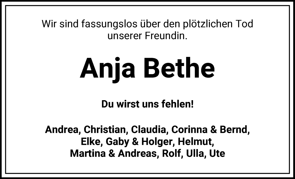 Traueranzeige von Anja Bethe von WESER-KURIER