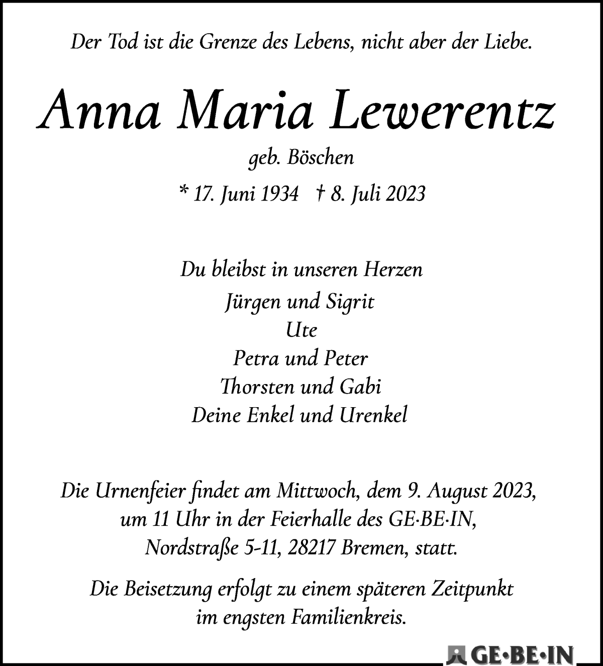 Traueranzeige von Anna-Maria Lewerentz von WESER-KURIER