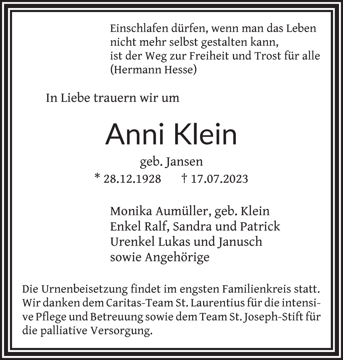 Traueranzeige von Anna Maria (Anni) Klein von WESER-KURIER