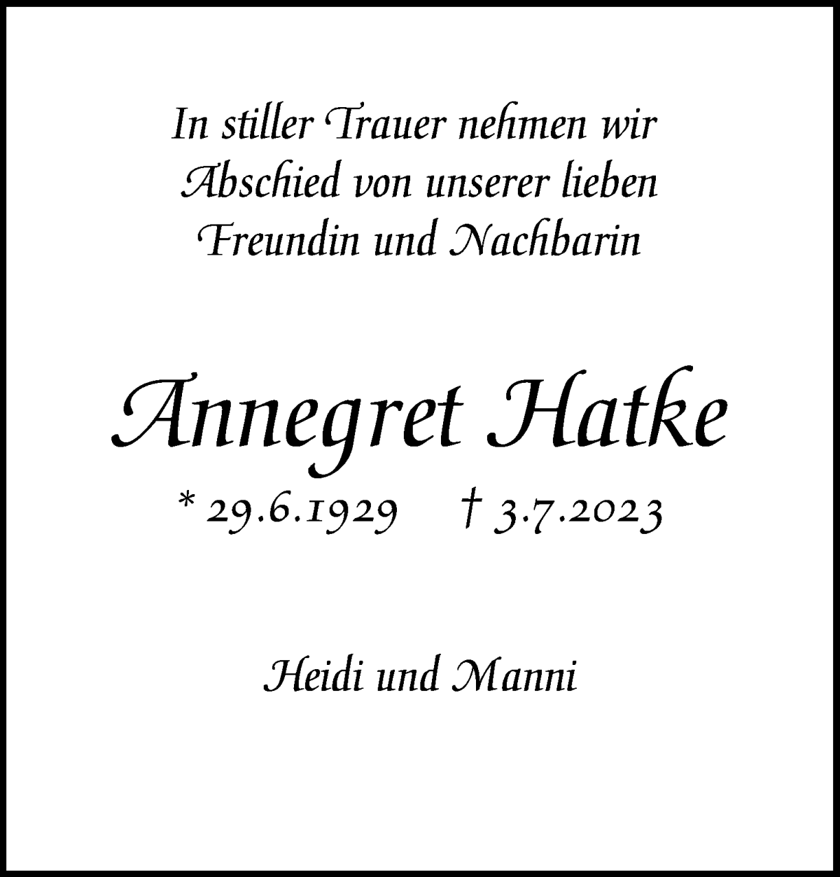 Traueranzeige von Annegret Hatke von WESER-KURIER