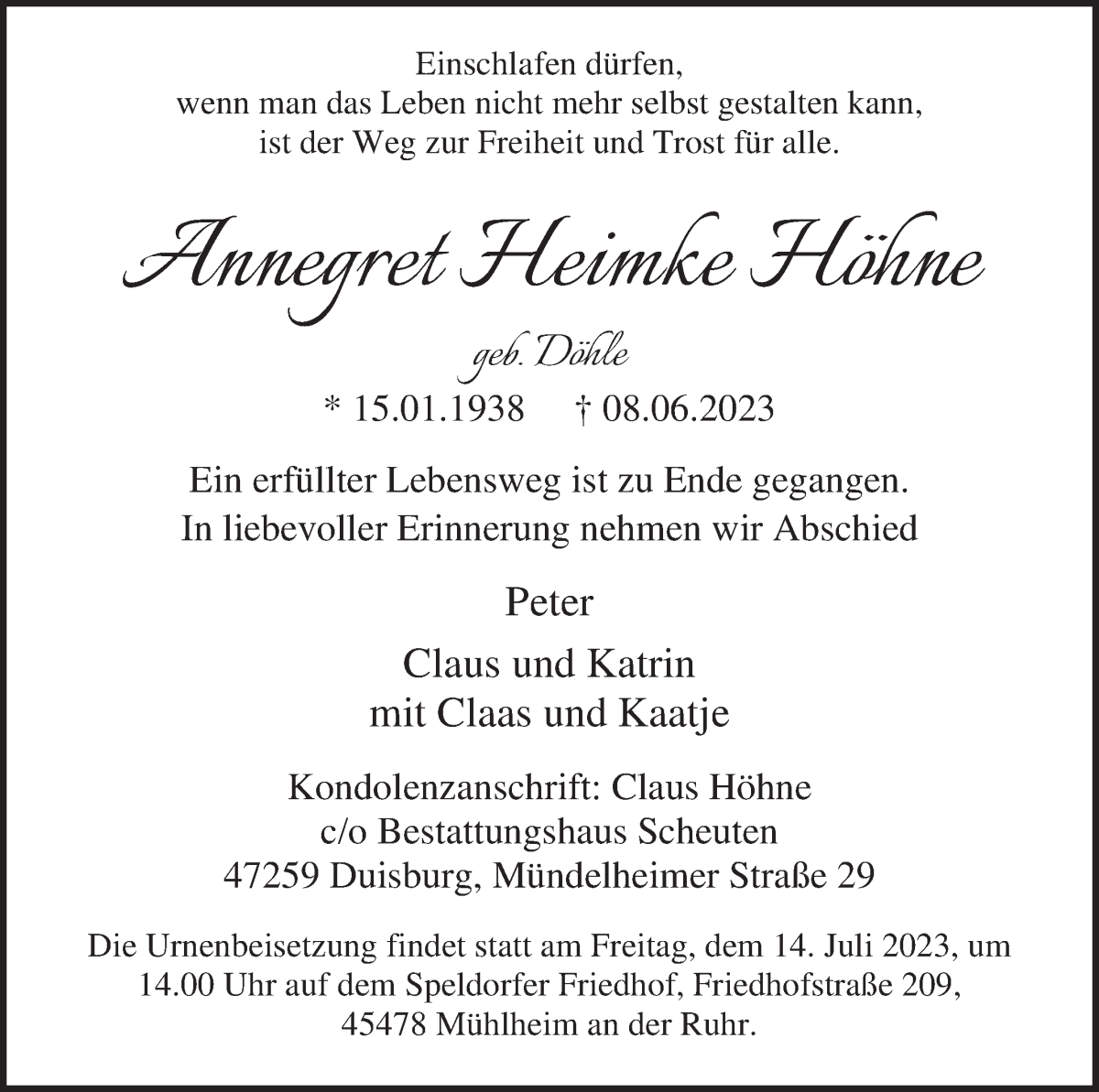 Traueranzeige von Annegret Heimke Höhne von WESER-KURIER
