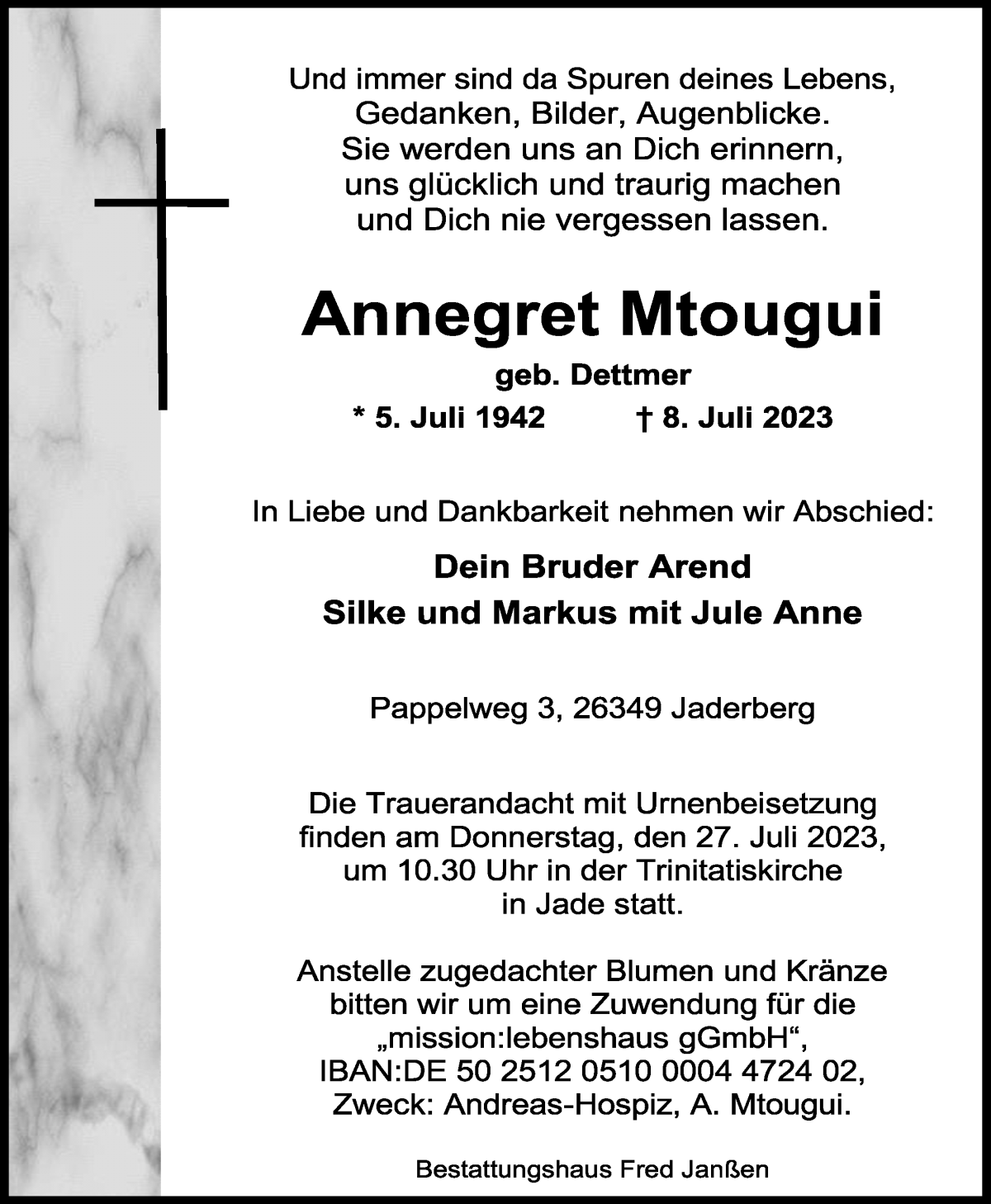 Traueranzeige von Annegret Mtougui von WESER-KURIER