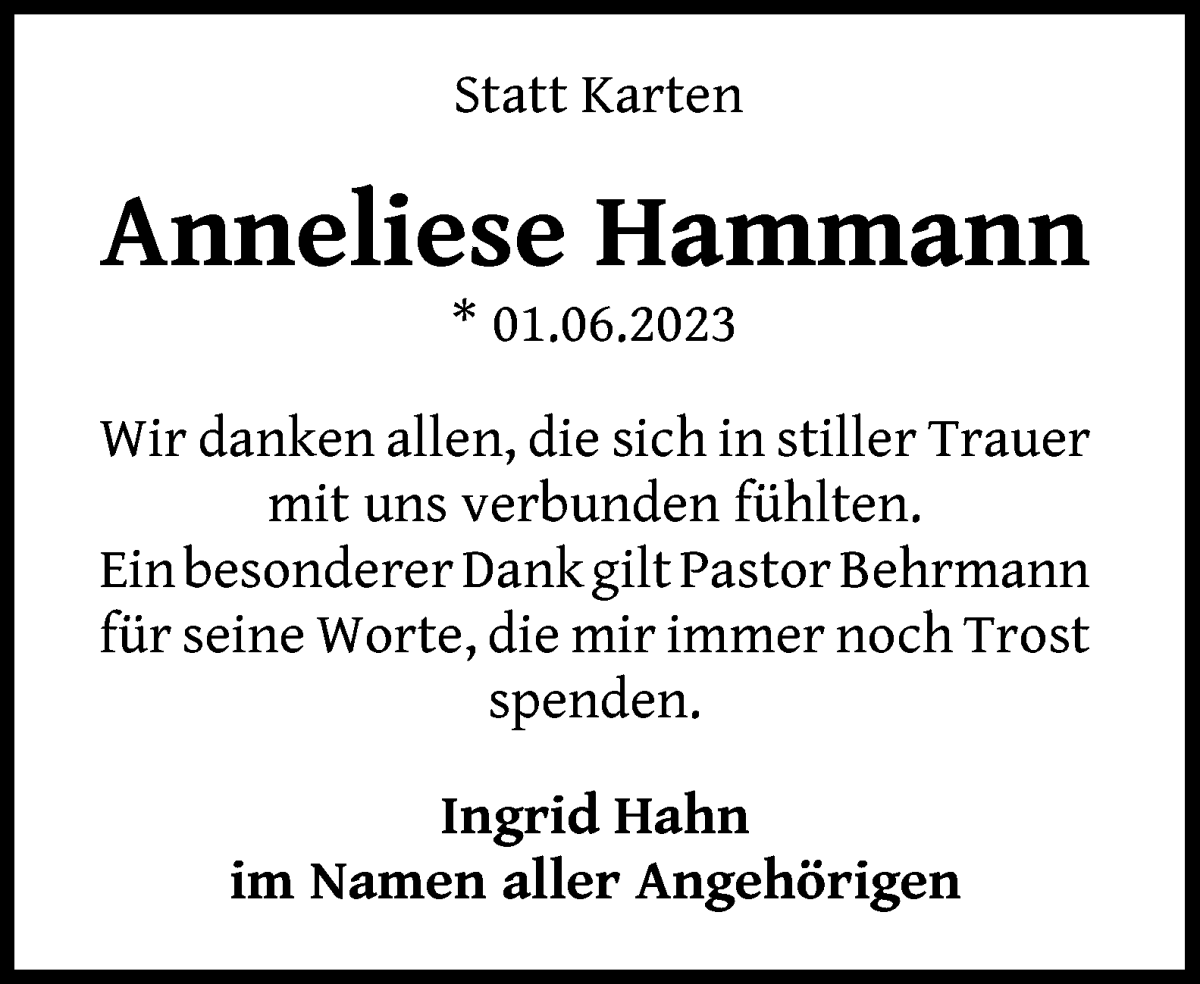 Traueranzeige von Anneliese Hammann von WESER-KURIER