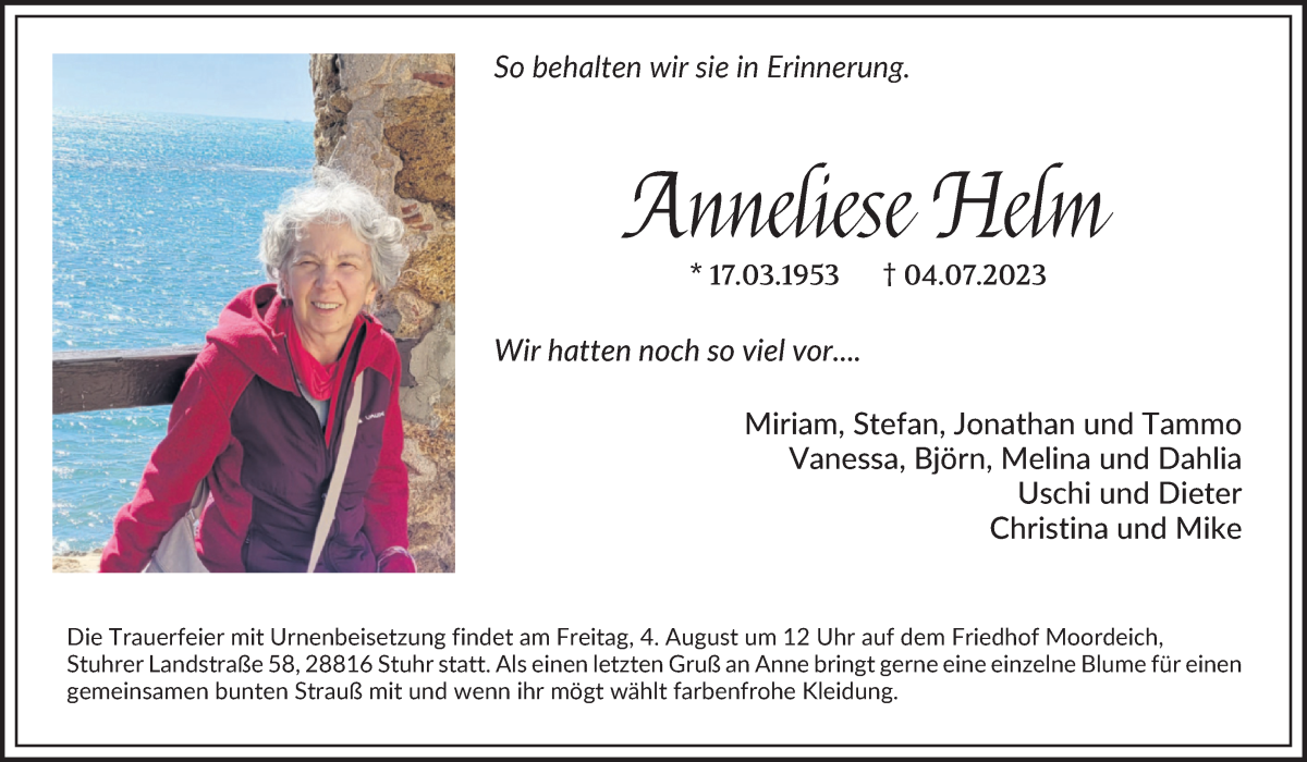 Traueranzeige von Anneliese Helm von WESER-KURIER