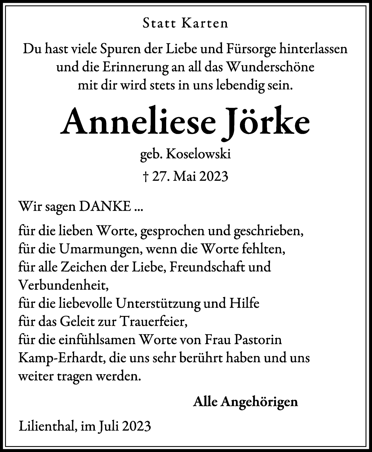 Traueranzeige von Anneliese Jörke von Wuemme Zeitung
