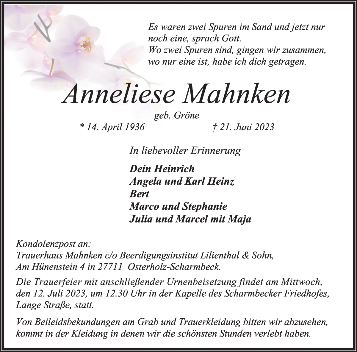 Traueranzeige von Anneliese Mahnken von Osterholzer Kreisblatt