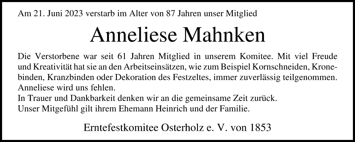 Traueranzeige von Anneliese Mahnken von Osterholzer Kreisblatt