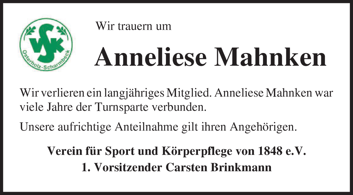 Traueranzeige von Anneliese Mahnken von Osterholzer Kreisblatt