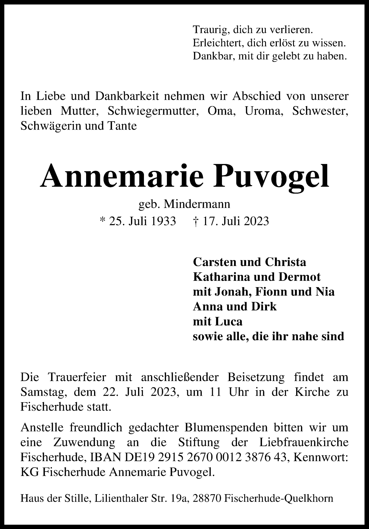 Traueranzeige von Annemarie Puvogel von Achimer Kurier/Verdener Nachrichten