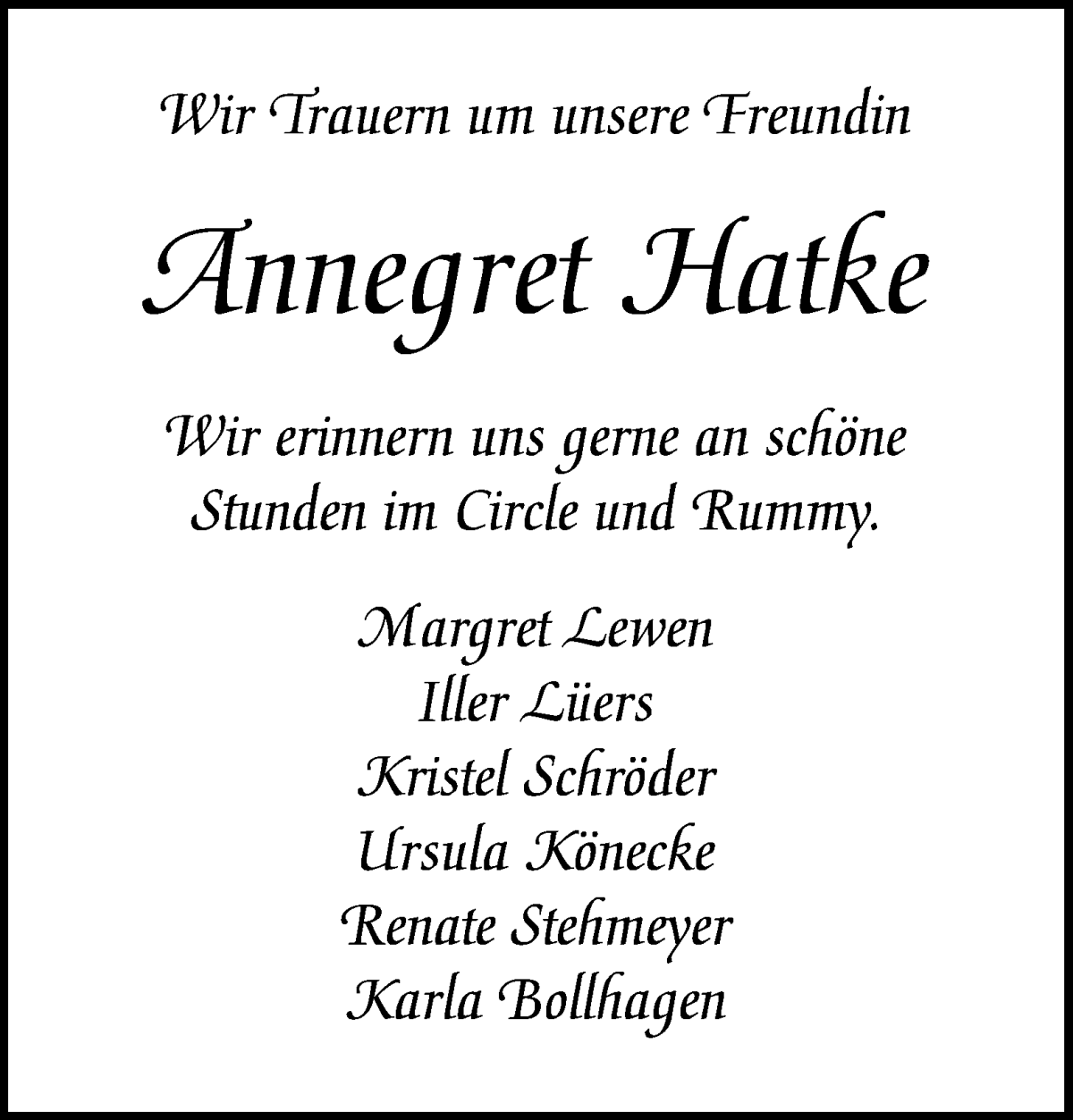 Traueranzeige von Anngret Hatke von WESER-KURIER