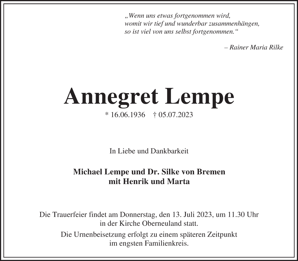 Traueranzeige von Anngret Lempe von WESER-KURIER
