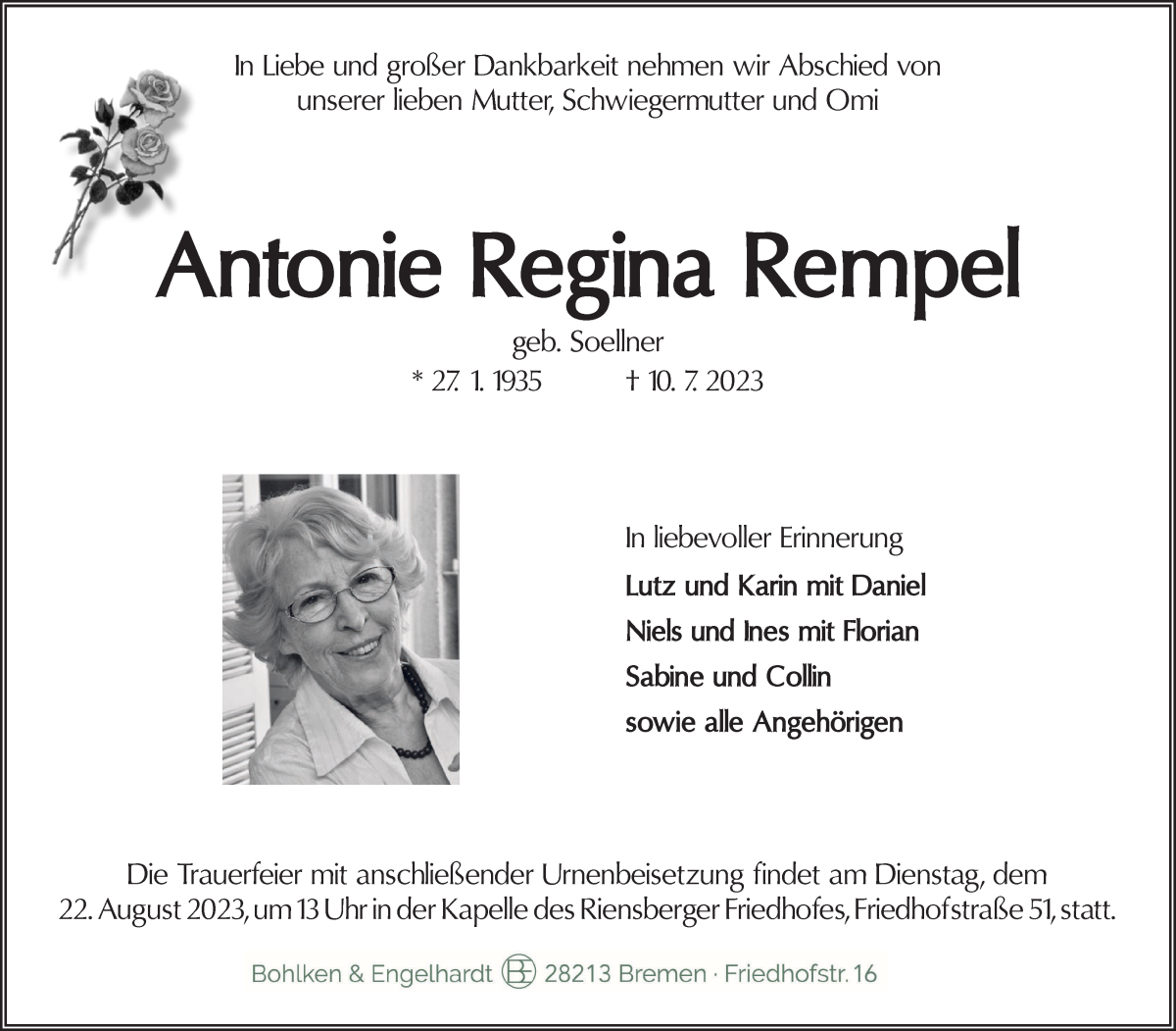 Traueranzeige von Antonie Regina Rempel von WESER-KURIER