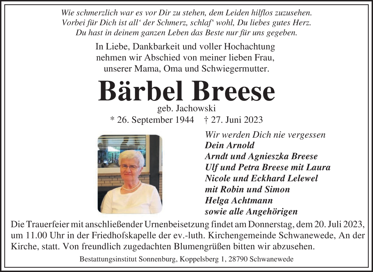 Traueranzeige von Bärbel Breese von Die Norddeutsche