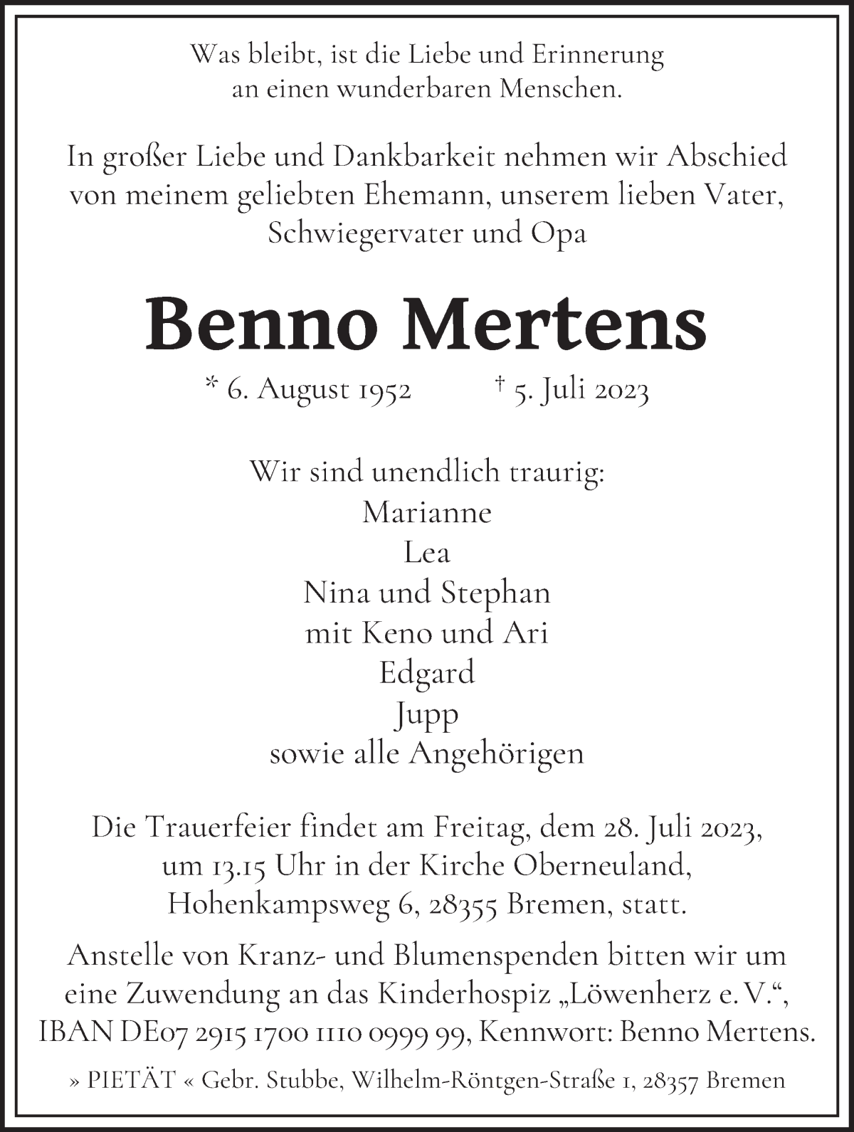 Traueranzeige von Benno Mertens von WESER-KURIER
