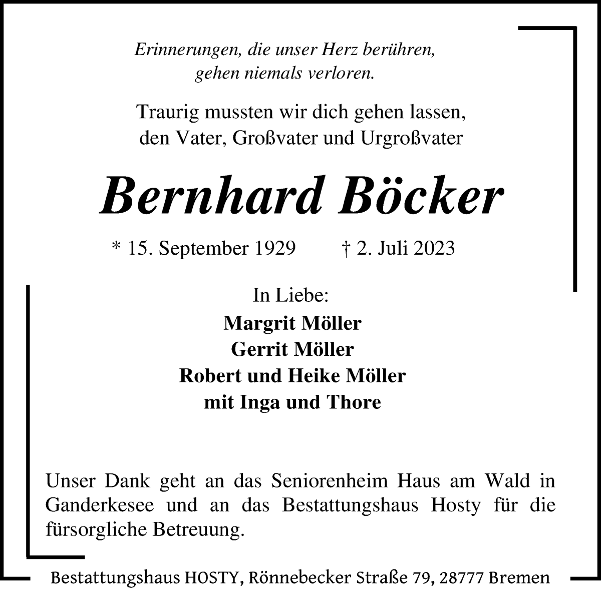 Traueranzeige von Bermhard Böcker von Die Norddeutsche