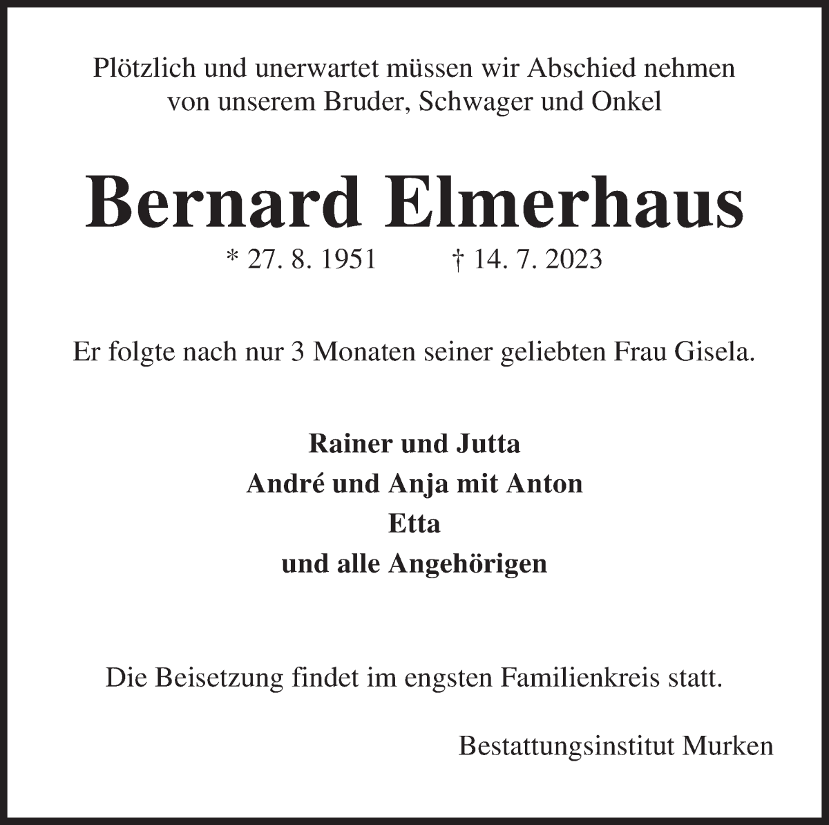 Traueranzeige von Bernard Elmerhaus von WESER-KURIER