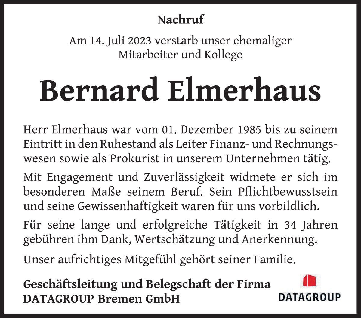 Traueranzeige von Bernard Elmerhaus von WESER-KURIER