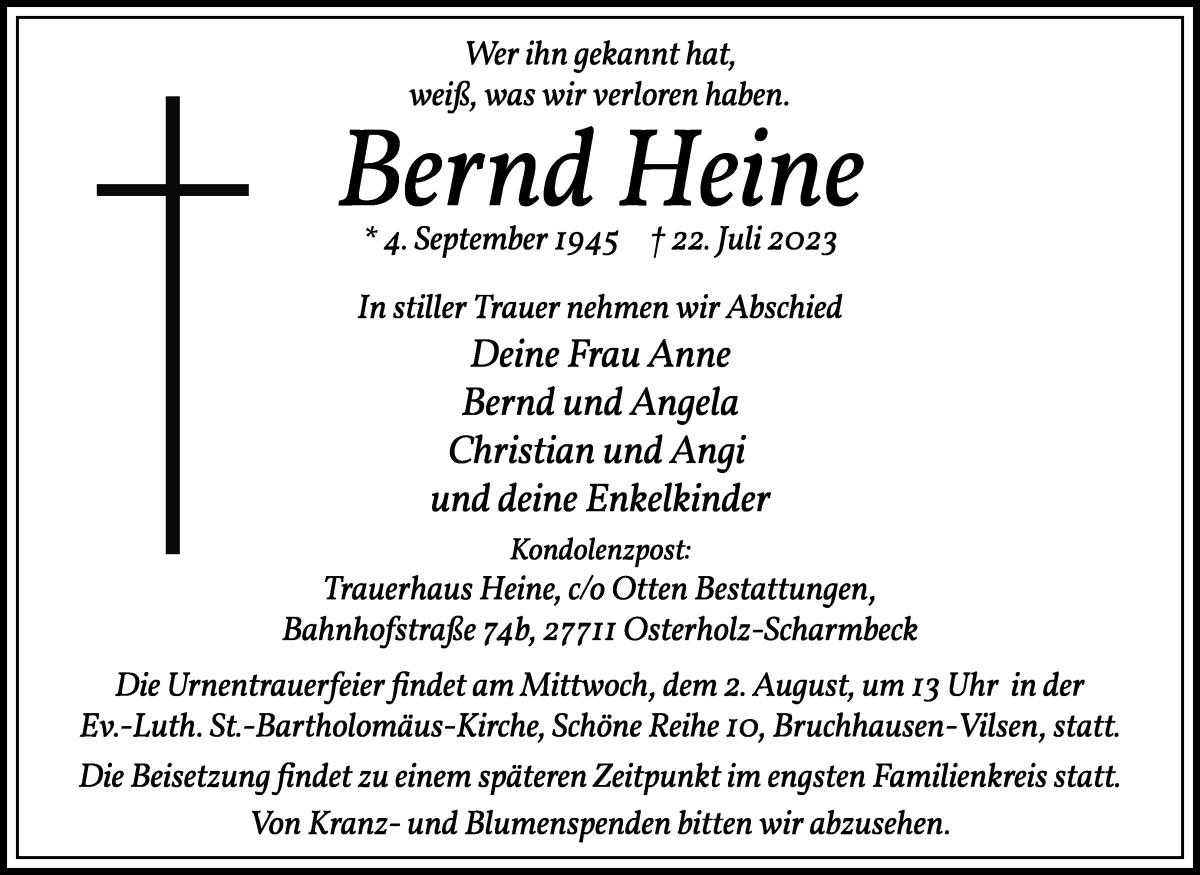 Traueranzeige von Bernd Heine von WESER-KURIER