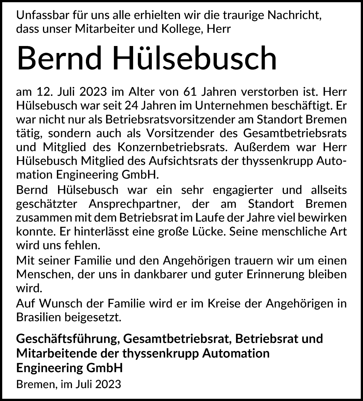 Traueranzeige von Bernd Hülsebusch von Die Norddeutsche