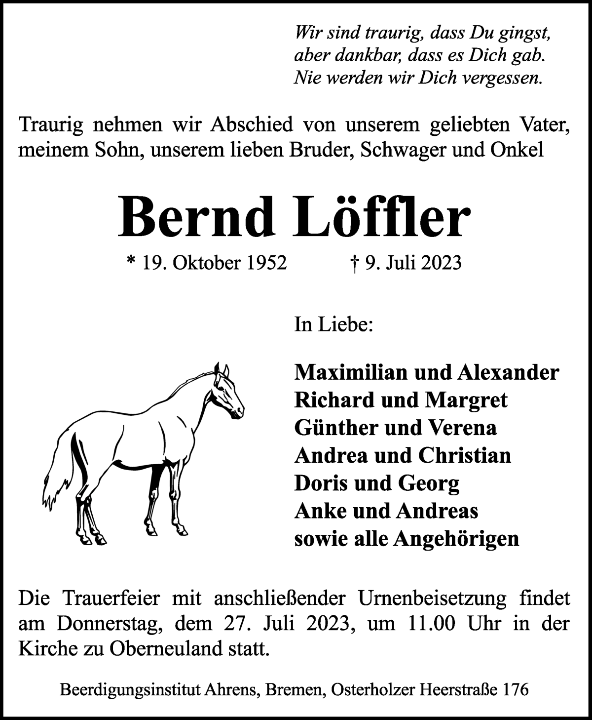 Traueranzeige von Bernd Löffler von WESER-KURIER