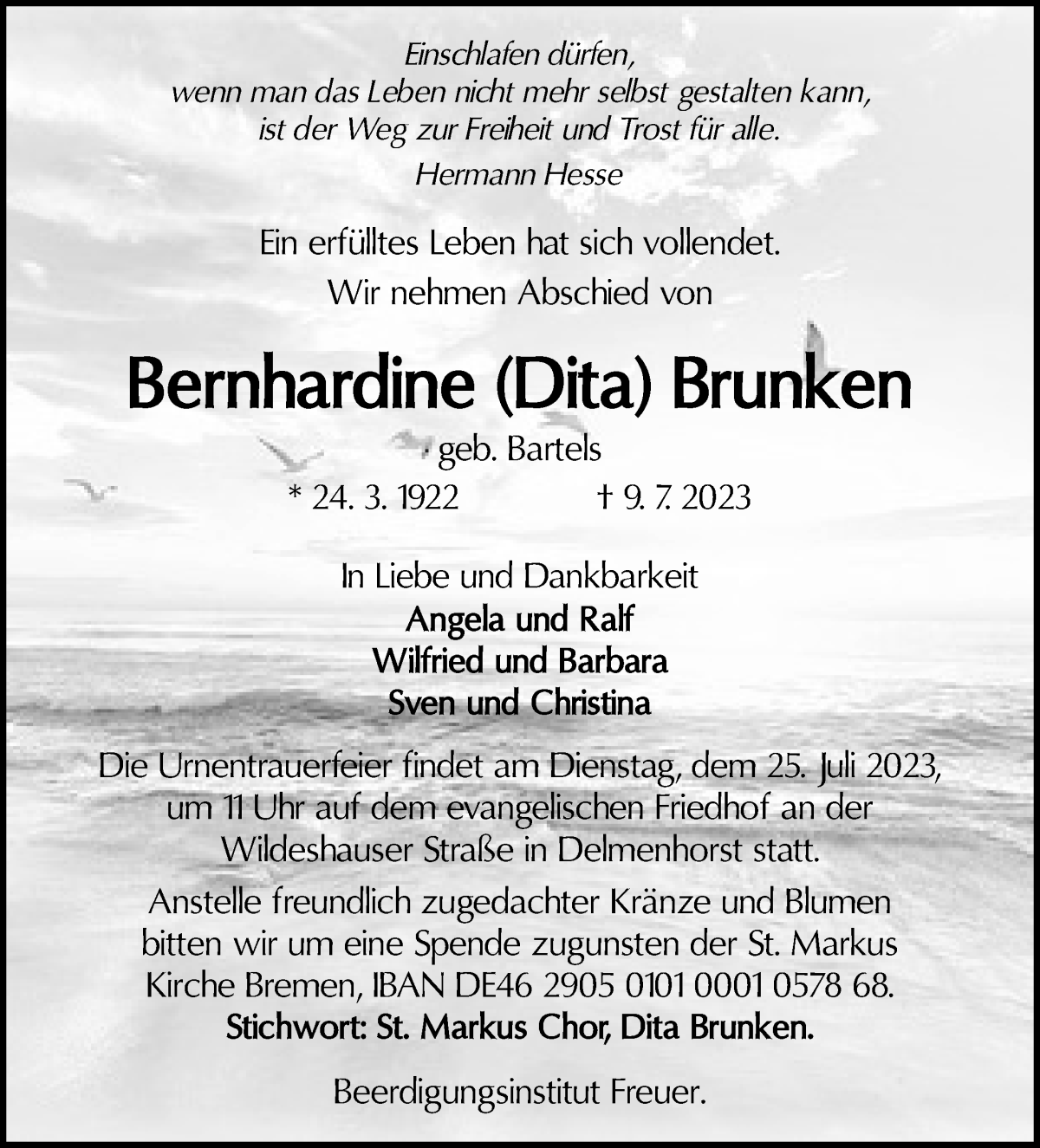 Traueranzeige von Bernhardine Brunken von WESER-KURIER