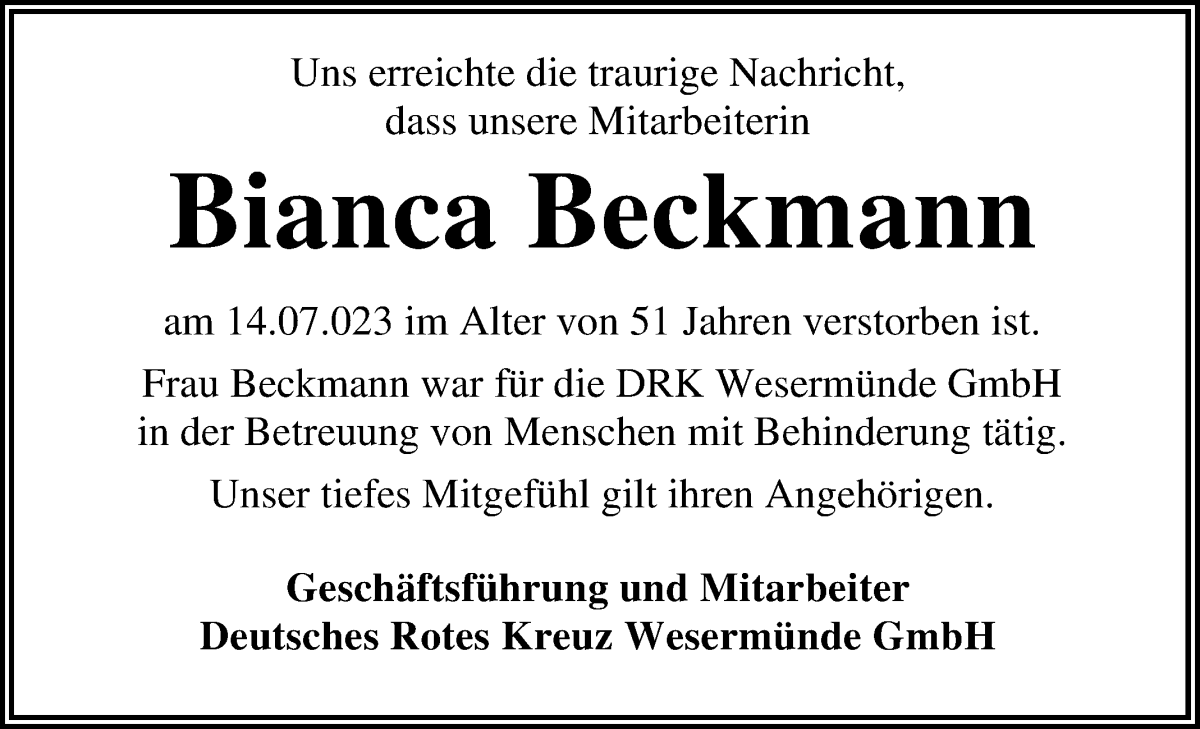 Traueranzeige von Bianca Beckmann von Osterholzer Kreisblatt