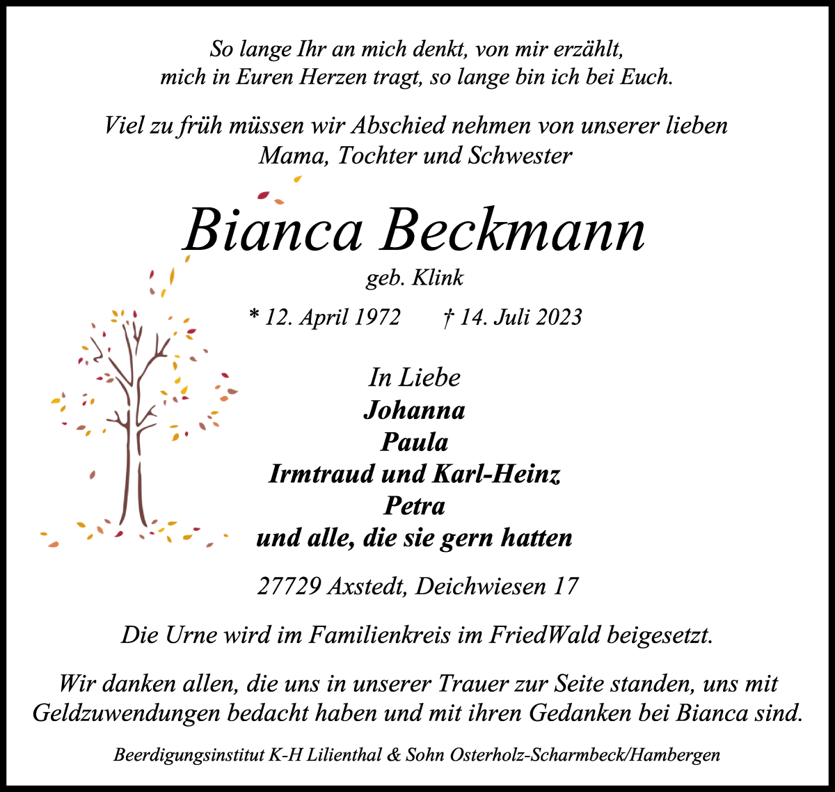 Traueranzeige von Bianca Beckmann von Osterholzer Kreisblatt