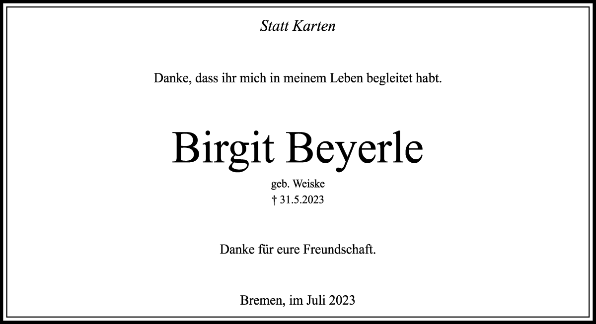 Traueranzeige von Birgit Beyerle von WESER-KURIER