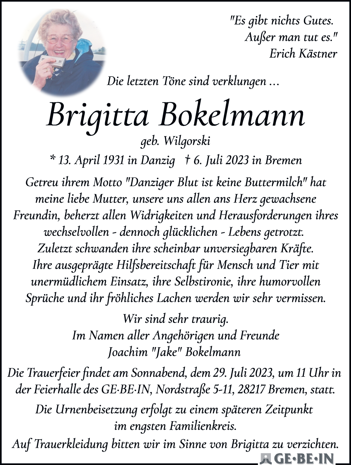 Traueranzeige von Brigitta Bokelmann von WESER-KURIER