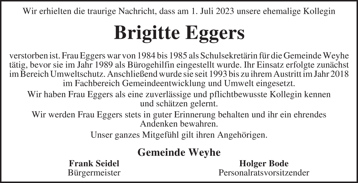 Traueranzeige von Brigitte Eggers von Regionale Rundschau/Syker Kurier