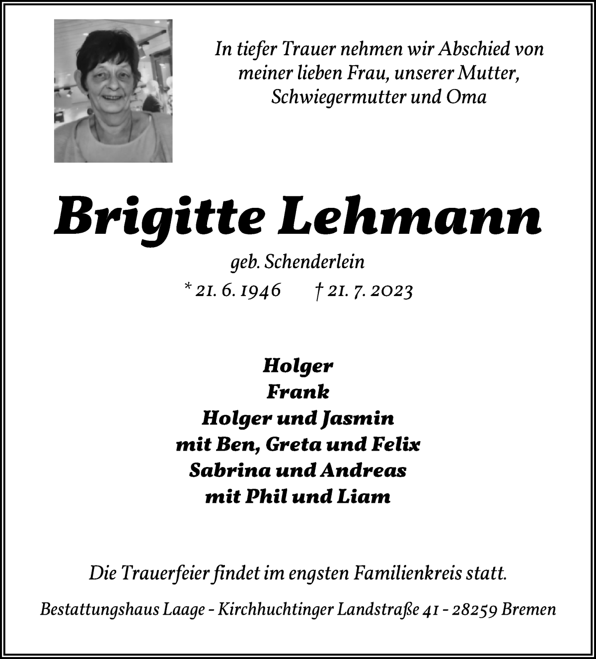Traueranzeige von Brigitte Lehmann von WESER-KURIER