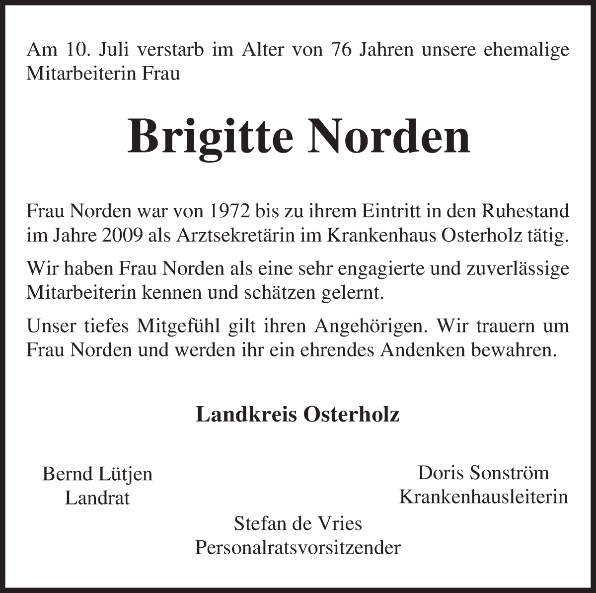 Traueranzeige von Brigitte Norden von Osterholzer Kreisblatt