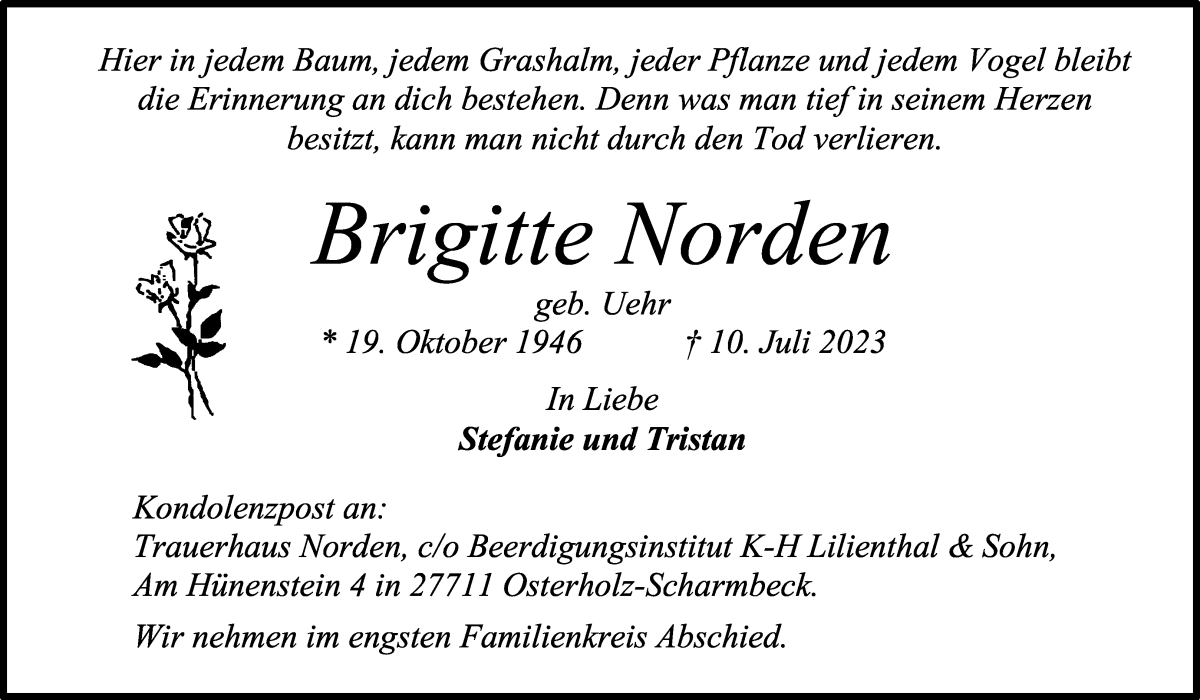Traueranzeige von Brigitte Norden von Osterholzer Kreisblatt