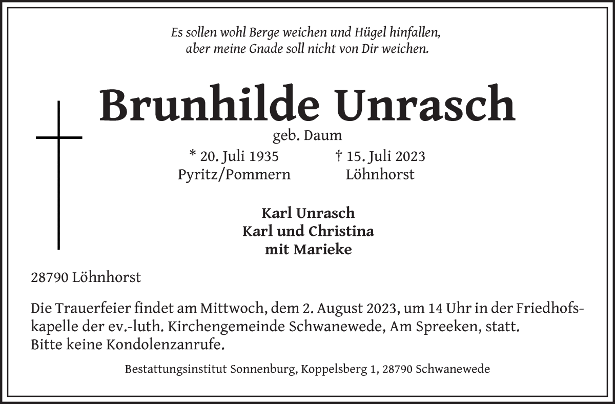 Traueranzeige von Brunhilde Unrasch von Die Norddeutsche