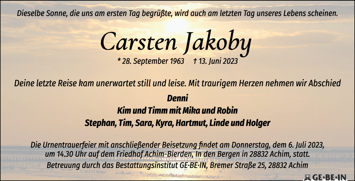 Traueranzeige von Carsten Jakoby von WESER-KURIER