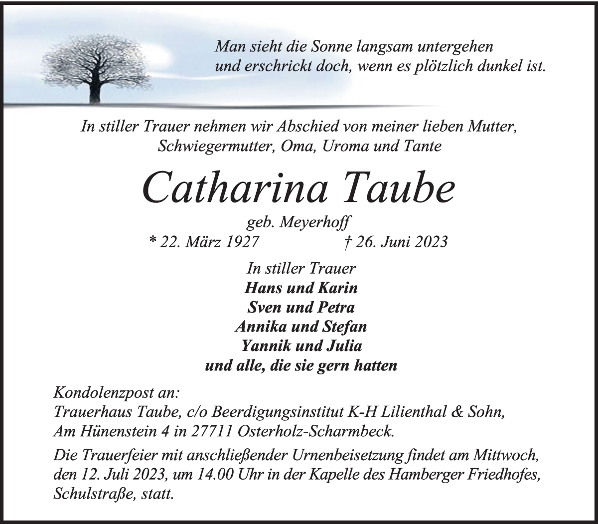 Traueranzeige von Catharina Taube von Osterholzer Kreisblatt