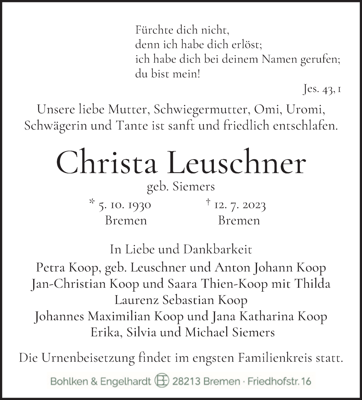 Traueranzeige von Christa Leuschner von WESER-KURIER