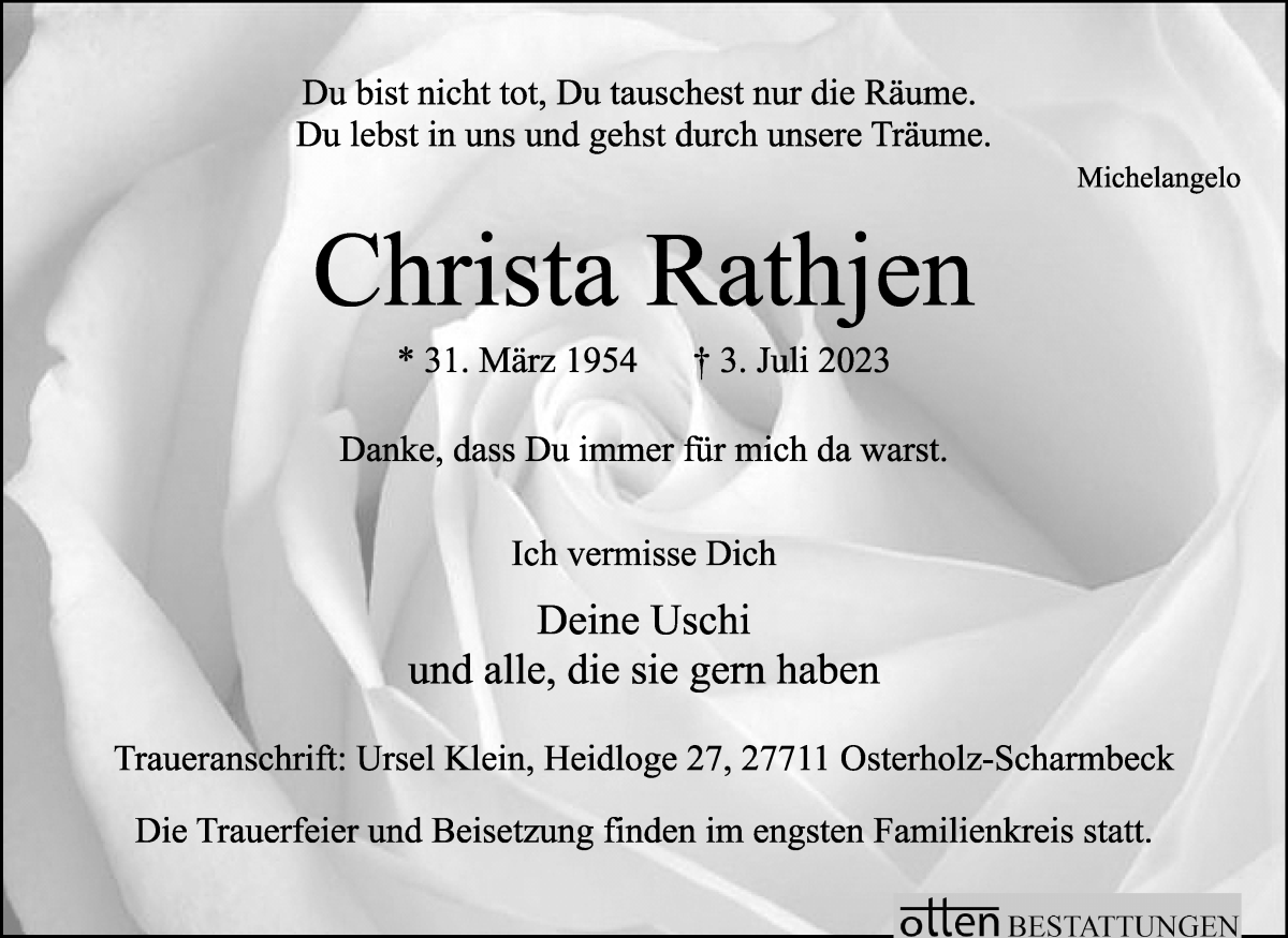 Traueranzeige von Christa Rathjen von Osterholzer Kreisblatt