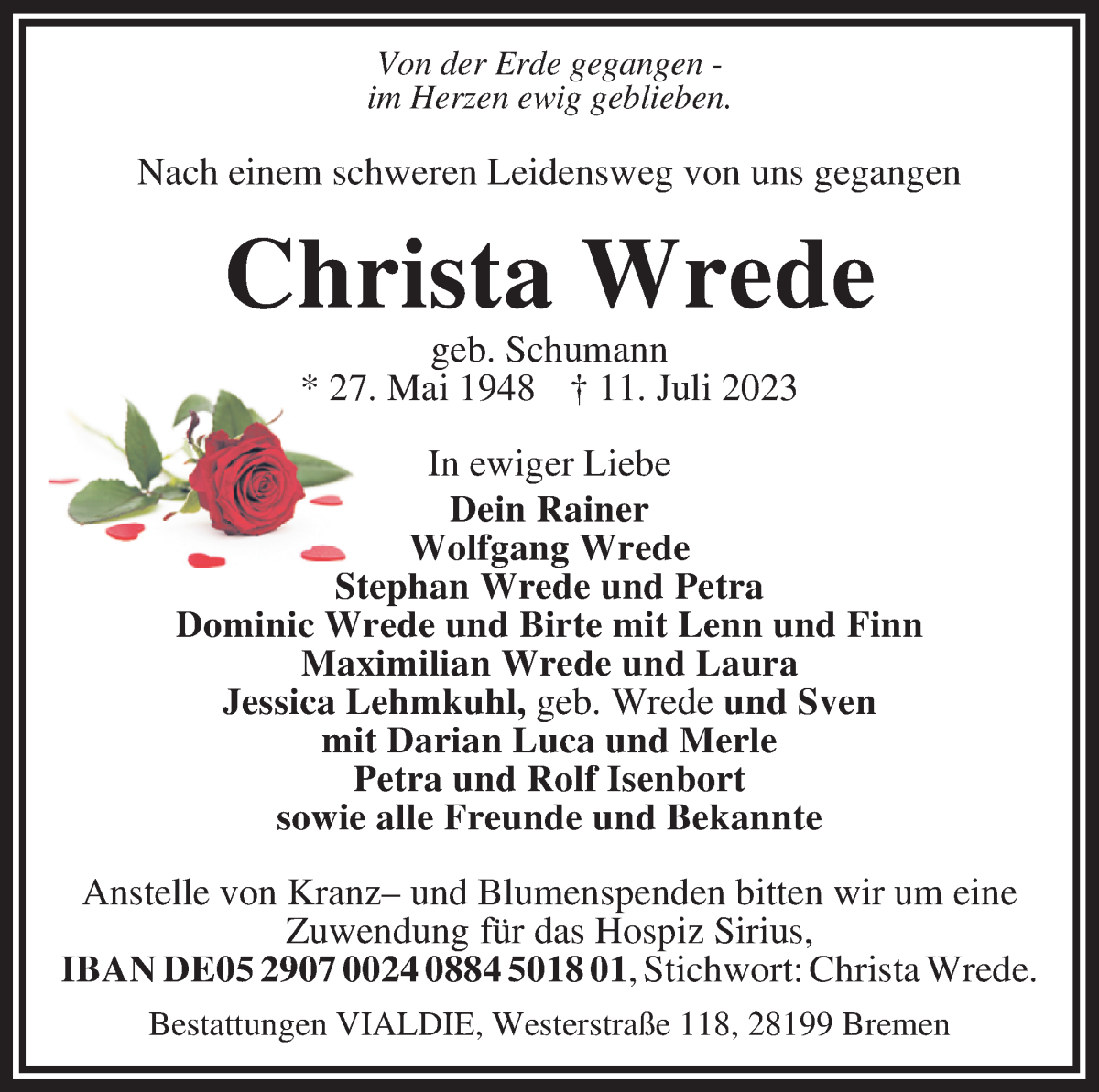 Traueranzeige von Christa Wrede von WESER-KURIER