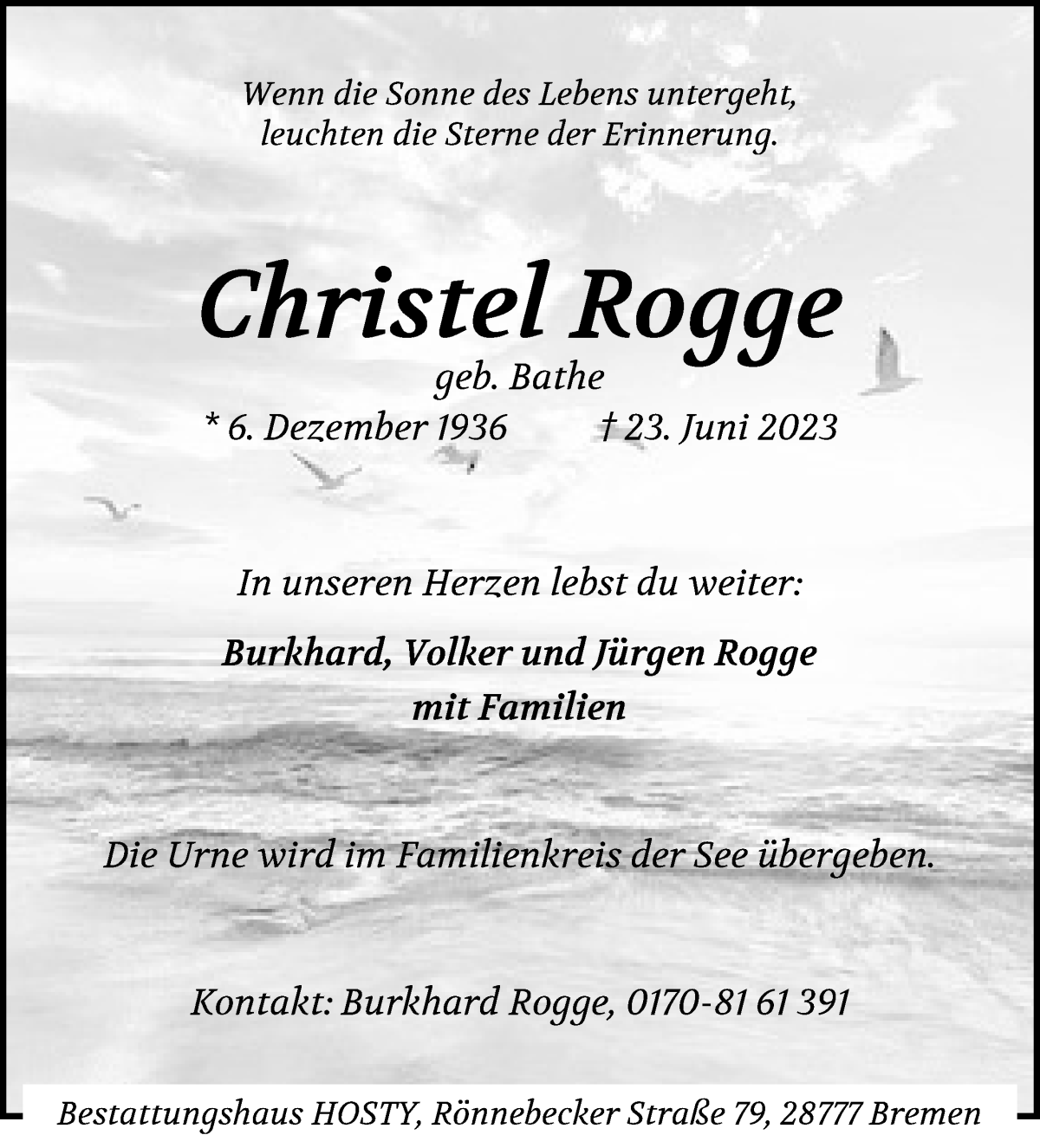 Traueranzeige von Christel Rogge von Die Norddeutsche