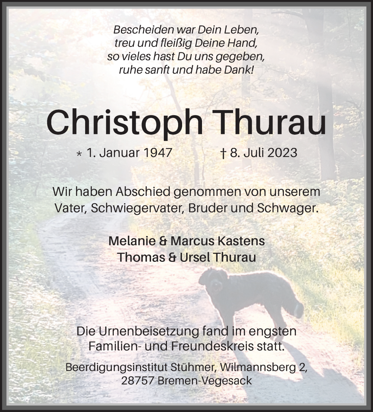 Traueranzeige von Christoph Thurau von Die Norddeutsche