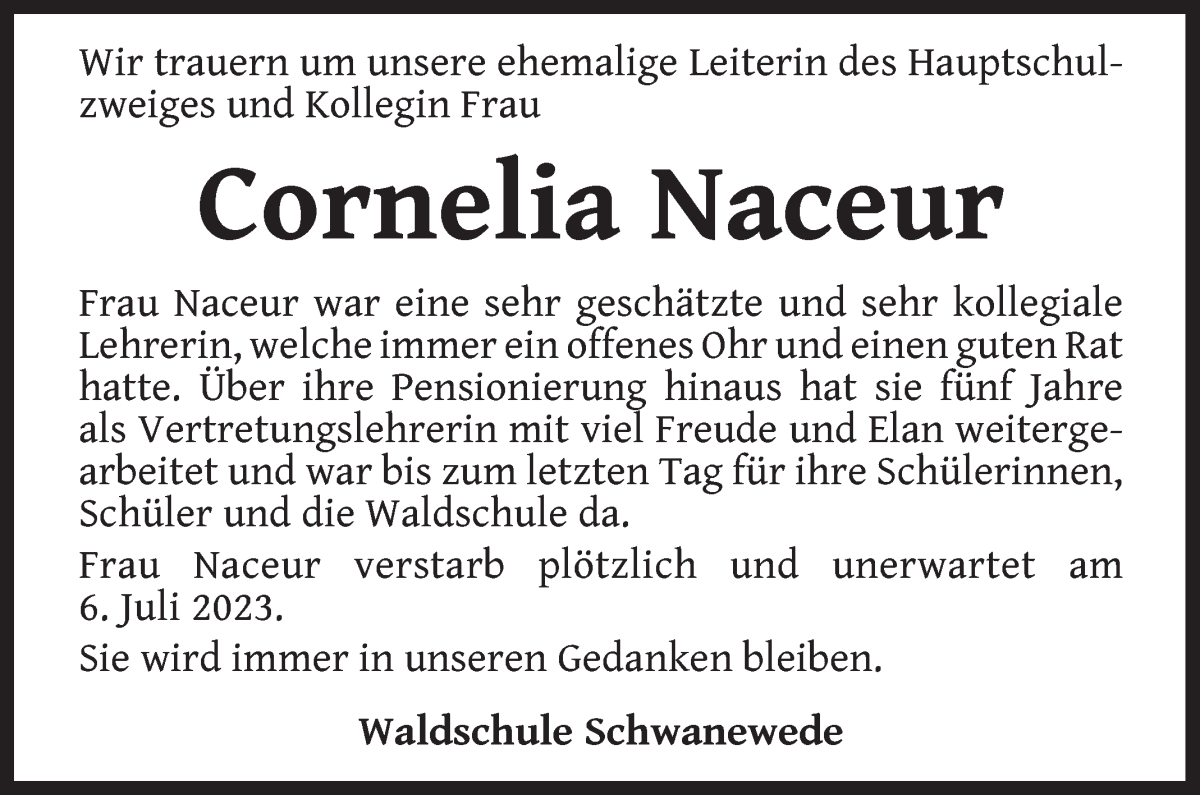 Traueranzeige von Cornelia Naceur von Osterholzer Kreisblatt