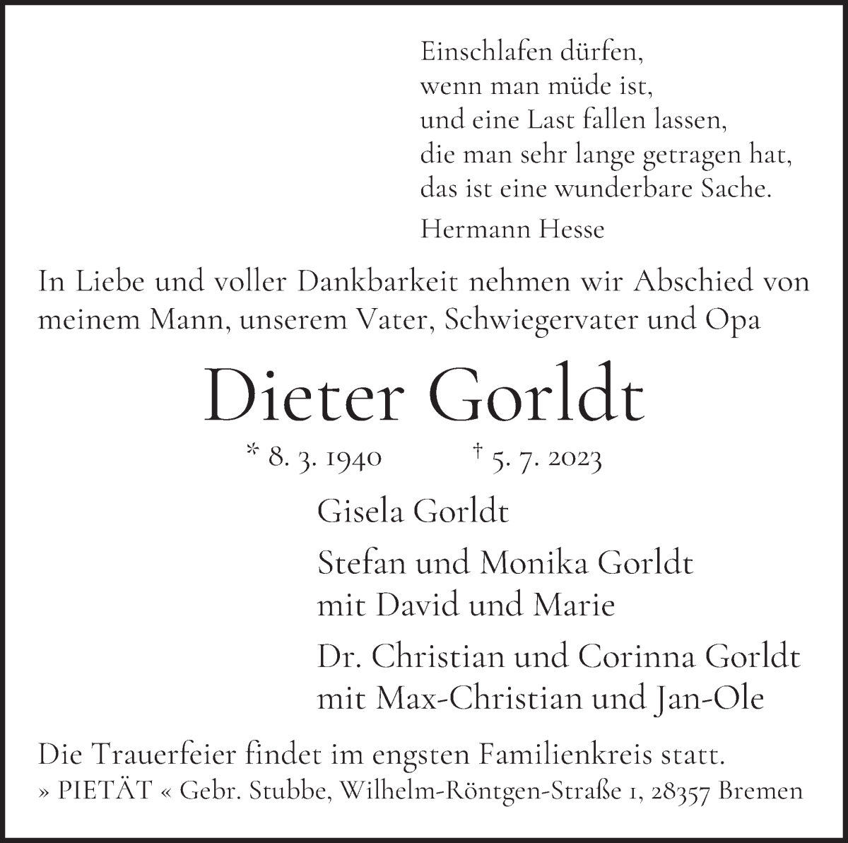 Traueranzeige von Dieter Gorldt von WESER-KURIER