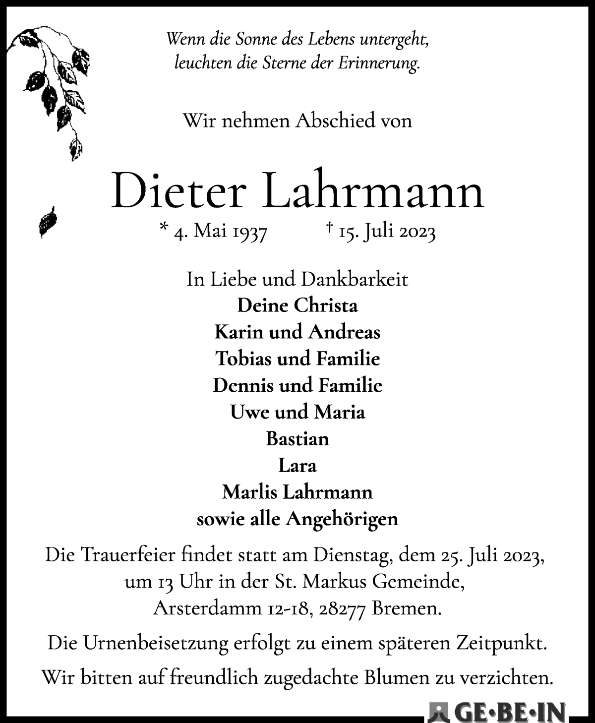 Traueranzeige von Dieter Lahrmann von WESER-KURIER
