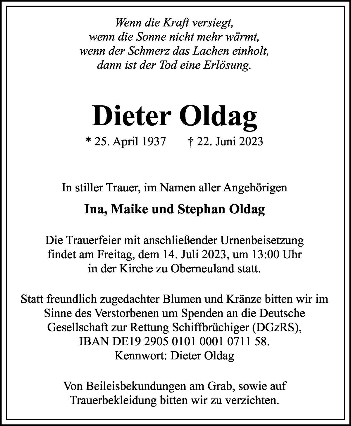 Traueranzeige von Dieter Oldag von WESER-KURIER