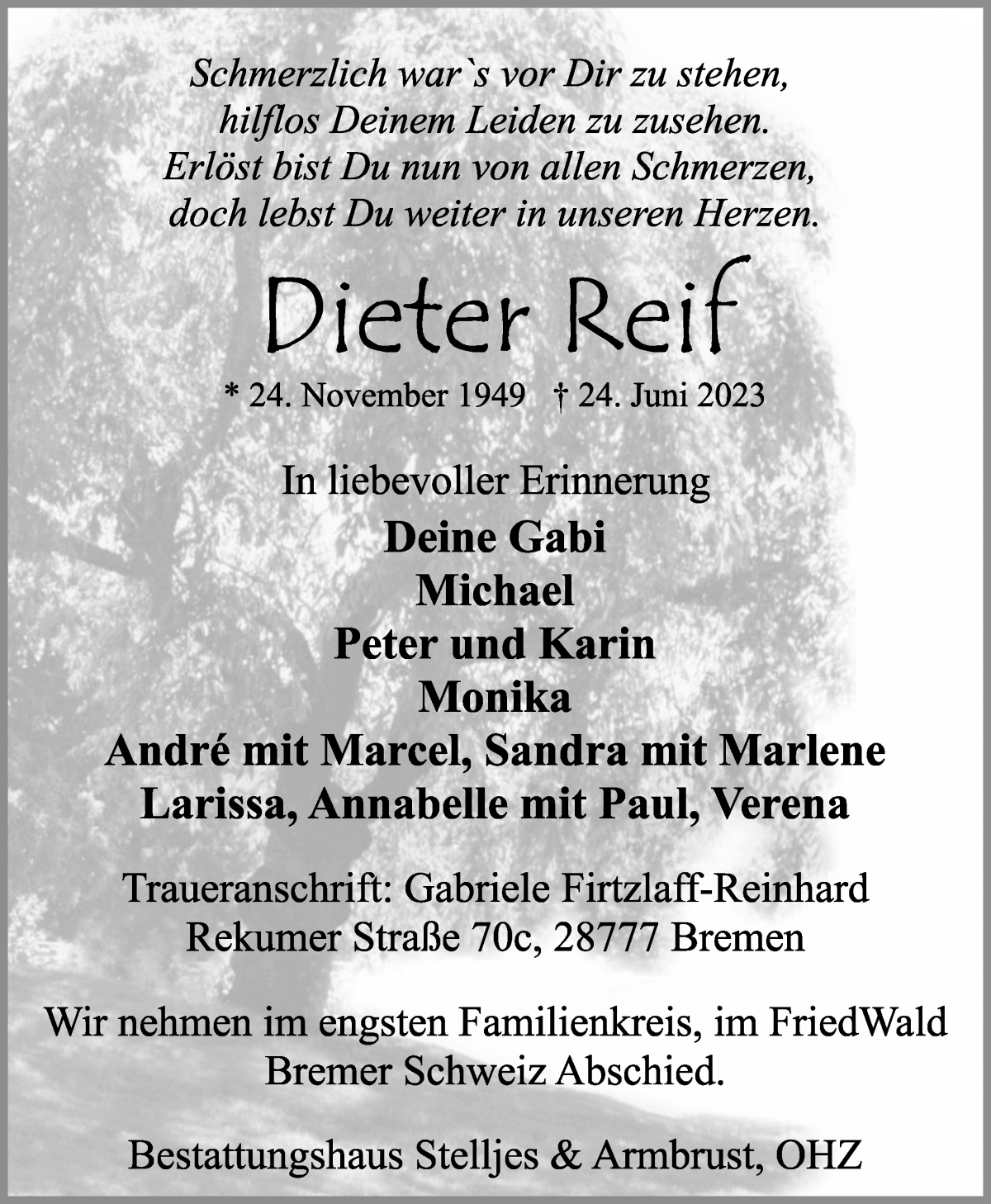 Traueranzeige von Dieter Reif von Osterholzer Kreisblatt