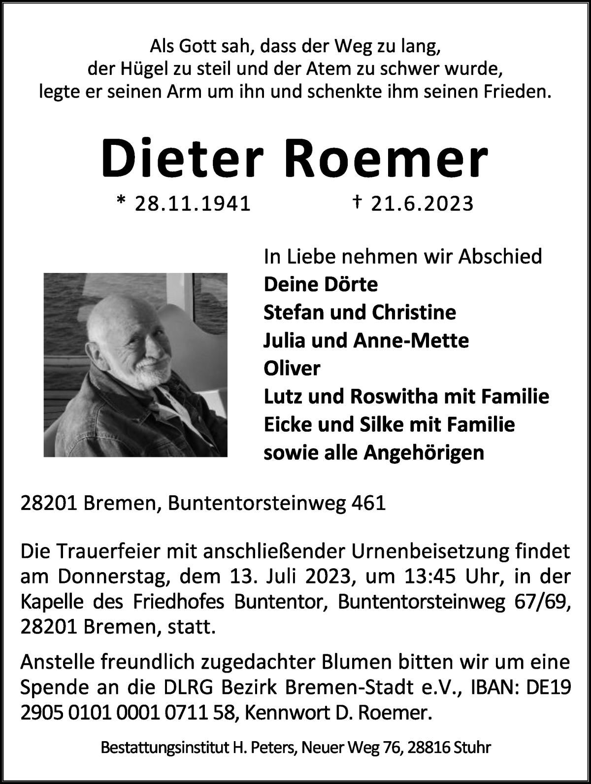 Traueranzeige von Dieter Roemer von WESER-KURIER