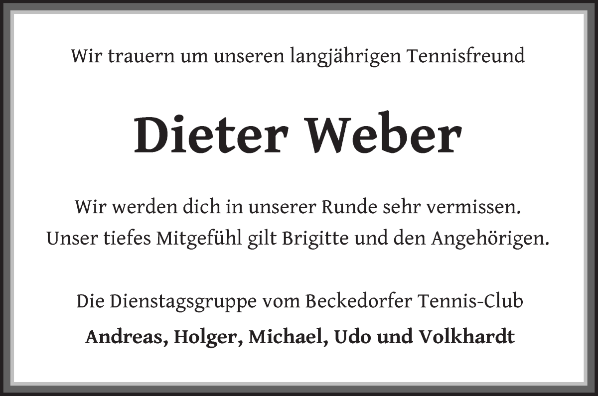 Traueranzeige von Dieter Weber von Die Norddeutsche