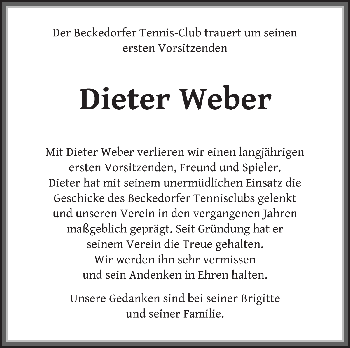 Traueranzeige von Dieter Weber von Die Norddeutsche