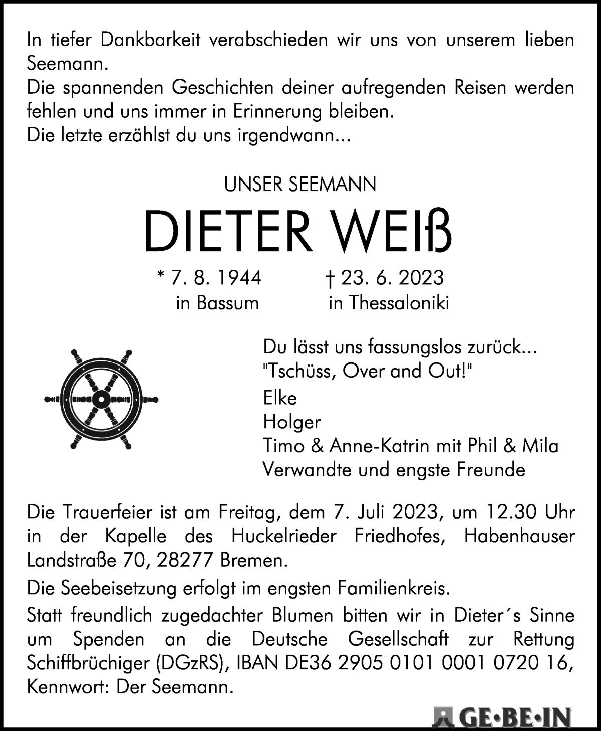 Traueranzeige von Dieter Weiß von WESER-KURIER